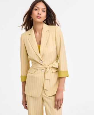 Tahari ASL - Women's Pinstriped Notched Collar Belted Blazer