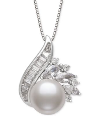 Belle de Mer - Cultured Freshwater Pearl (9mm) & Lab-Created White Sapphire (1-1/2 ct. t.w.) Swirl 18" Pendant Necklace in Sterling Silver