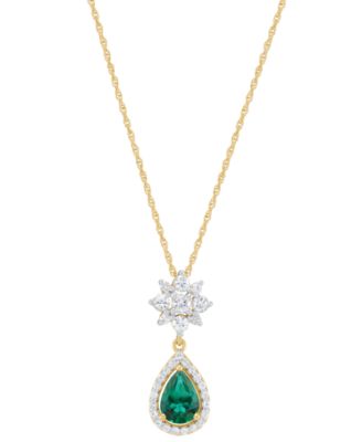 Macy's - Lab-Created Emerald (5/8 ct. t.w.) & Lab-Created White Sapphire (1/2 ct. t.w.) Pendant Necklace in 14k Yellow Gold-Plated Sterling Silver, 16" + 2" extender