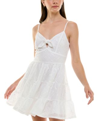 Trixxi - Juniors' Tie-Neck Floral Embroidered Fit & Flare Dress