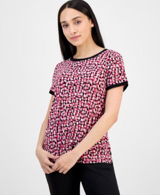 AK Anne Klein - Petite Printed Button-Back Short-Sleeve Blouse