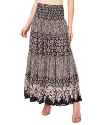 CeCe - Women's Printed Tiered Smock-Waist Maxi Skirt
