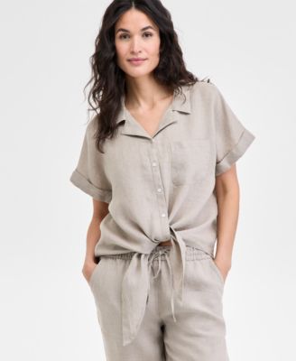 Charter Club - Women's Linen Tie-Front Shirt, Created for Macy's