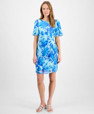 Connected - Women's Floral-Print Chiffon Short-Sleeve Dress