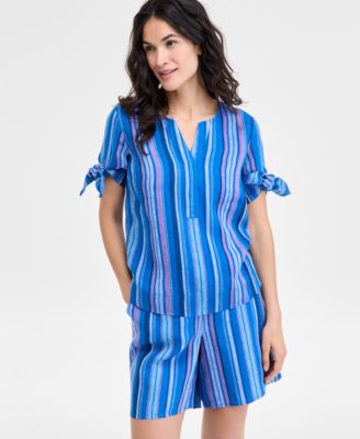 Charter Club - Women's Striped 100% Linen Tied-Sleeve Top