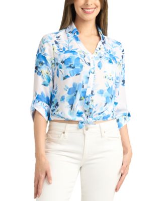 BCX - Juniors' Dobby Print Tie-Front 3/4-Sleeve Blouse