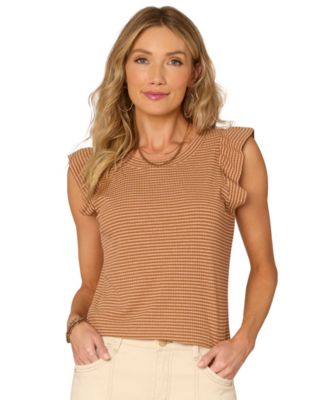 Democracy - Petite Striped Flutter-Sleeve Top