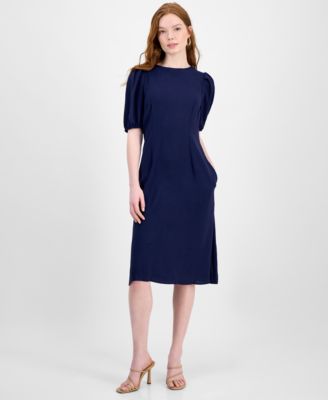 Connected - Women's Puff-Sleeve Round-Neck Midi Dress