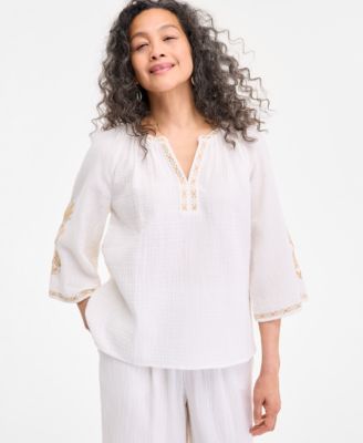 Style & Co - Petite Cotton Embroidered Flare-Sleeve Top