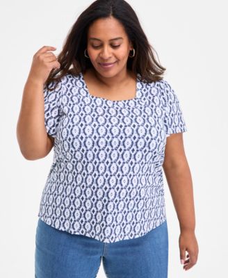 Style & Co - Plus Size Ditsy Square-Neck Short-Sleeve Top