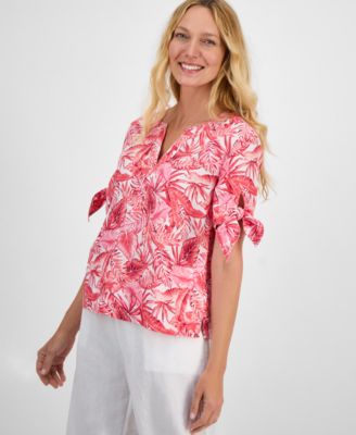 Charter Club - Women's Palm-Print 100% Linen Tie-Sleeve Top, Exclusively at Macy's