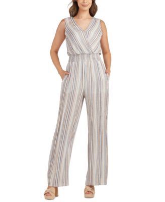 BCX - Juniors' Striped Surplice-Neck Short-Sleeve Jumpsuit