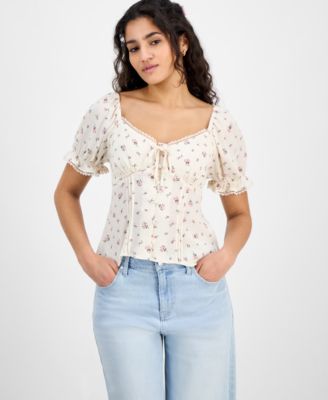 Planet Heart - Juniors' Sweetheart-Neck Puff-Sleeve Top