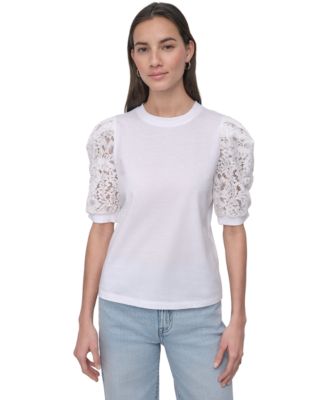 DKNY Jeans - Women's Mixed Media Lace-Sleeve Top