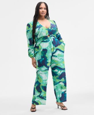 Nina Parker - Trendy Plus Size Long-Sleeve Ring-Detail Jumpsuit