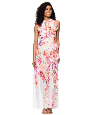Betsy & Adam - Women's Floral Print Ruffled Sleeveless Gown