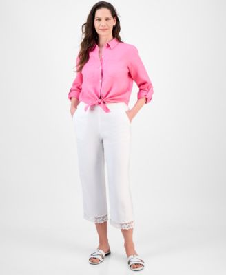 Charter Club - Women's Crochet-Trim 100% Linen Cropped Pants, Exclusively at Macy's