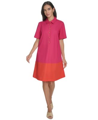 Jessica Howard - Petite Cotton Colorblocked Shift Shirtdress