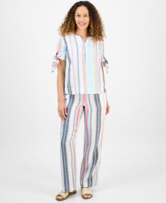 Charter Club - Petite Striped Drawstring Linen Pants