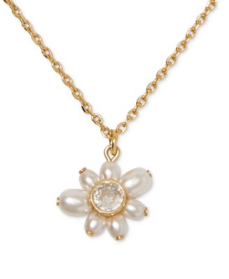 kate spade new york - Gold-Tone Cubic Zirconia & Imitation Pearl Flower Pendant Necklace, 16" + 3" extender