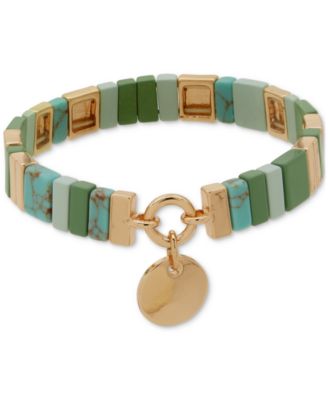 Anne Klein - Gold-Tone Disc Charm Stone Beaded Stretch Bracelet