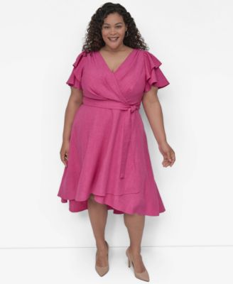 DKNY - Plus Size Surplice Flutter-Sleeve Fit & Flare Dress