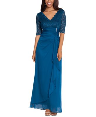 B&A By Betsy and Adam - Lace-Top Waterfall-Detail Gown