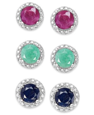 Macy's - Emerald (1/2 ct. t.w.), Ruby (5/8 ct. t.w.) and Sapphire (5/8 ct. t.w.) Earring Set in Sterling Silver
