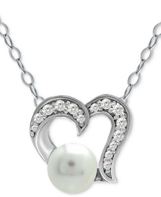 Giani Bernini - Freshwater Pearl (5mm) & Cubic Zirconia Open Heart Pendant Necklace, 16" + 2" extender