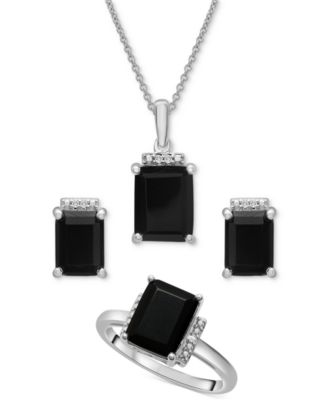 Macy's - 3-Pc. Set Onyx & Diamond Accent Pendant Necklace, Ring and Stud Earrings in Sterling Silver