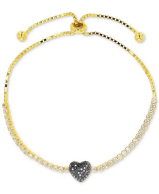 Macy's - Black Spinel (1/3 ct. t.w.) & White Zircon (1-1/2 ct. t.w.) Heart Bolo Bracelet in 14k Gold-Plated Sterling Silver