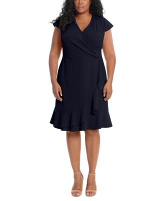 London Times - Plus Size Pleated Flounce Surplice Dress