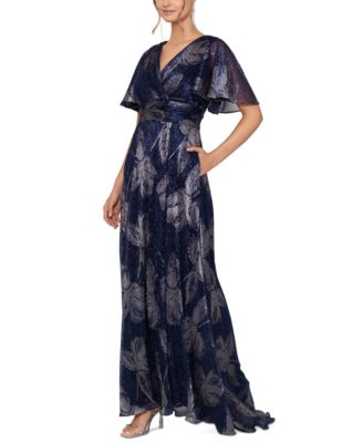 Betsy & Adam - Petite Foil-Print Flutter-Sleeve Maxi Dress