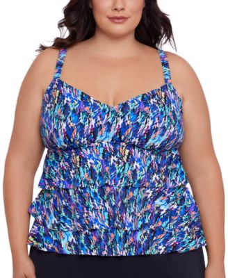 Swim Solutions - Plus Size Printed Tiered Tankini Top, Created for Macy's