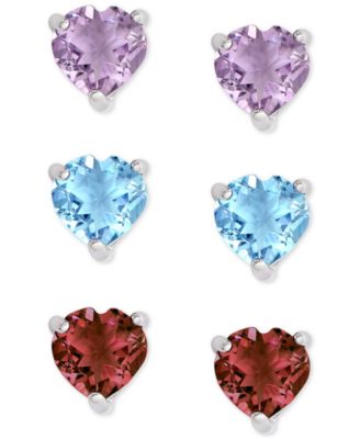 Macy's - 3-Pc. Set Multi-Gemstone Heart Stud Earrings (2-7/8 ct. t.w.) in Sterling Silver