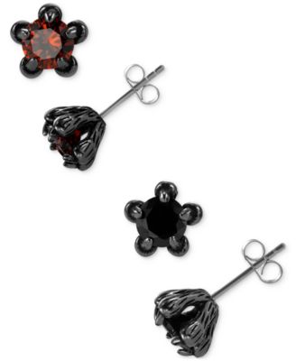 Blackjack - 2-Pc. Set Men's Black & Red Cubic Zirconia Star-Set Stud Earrings in  Black Ion-Plated Stainless Steel