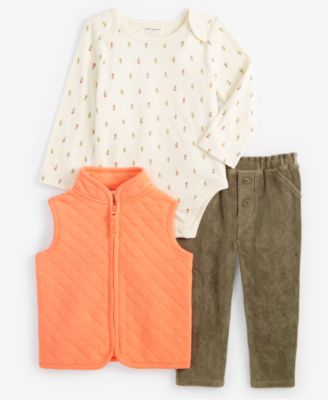 First Impressions - Baby Girls Quilted Vest, Printed Bodysuit & Pants, 3 Piece Set