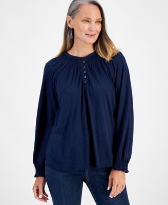 Style & Co - Women's Long-Sleeve Smocked-Shoulder Top