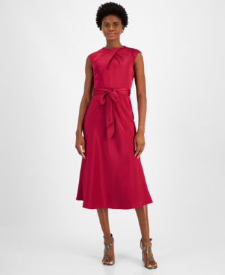 Tahari - Petite Pleated-Neck Sleeveless Tie-Waist Midi Dress