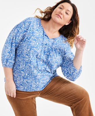 Style & Co - Plus Size Cotton Floral-Print Split-Neck 3/4-Sleeve Top