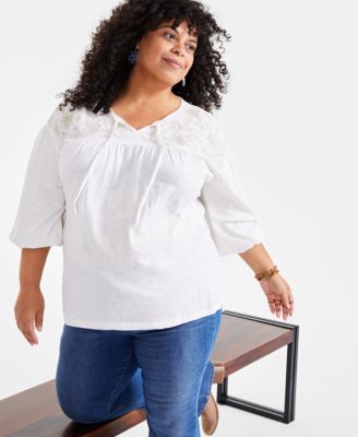 Style & Co - Plus Size Cotton Embroidered-Yoke 3/4-Sleeve Top