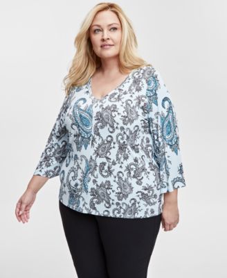 JM Collection - Plus Size Paisley-Print Rhinestone-Trim Top
