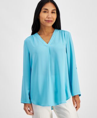 AK Anne Klein - Petite Pleat-Front V-Neck Roll-Tab Tunic