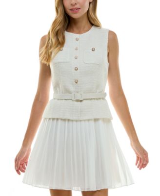 City Studios - Juniors' Round-Neck Mixed-Media Belted Dress