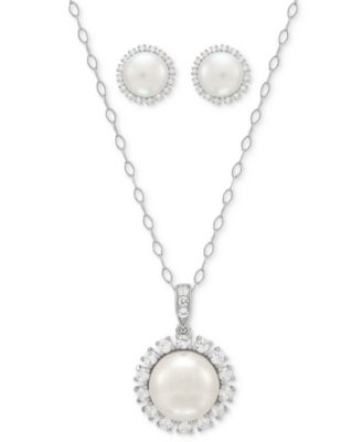 Macy's - 2-Pc. Set Cultured Freshwater Pearl (8 & 10mm) & Lab Created White Sapphire (7/8 ct. t.w.) Halo Pendant Necklace & Matching Stud Earrings in Sterling Silver