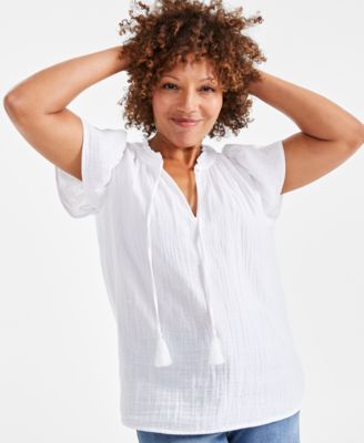 Style & Co - Women's Cotton Ruffled Tie-Neck Flutter-Sleeve Top