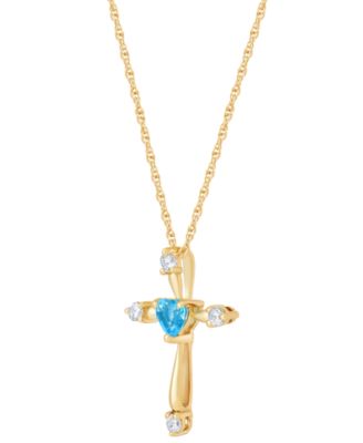 Macy's - Swiss Blue Topaz (1/4 ct. t.w.) & White Topaz (1/5 ct. t.w.) Heart Cross 18" Pendant Necklace in 14k Gold