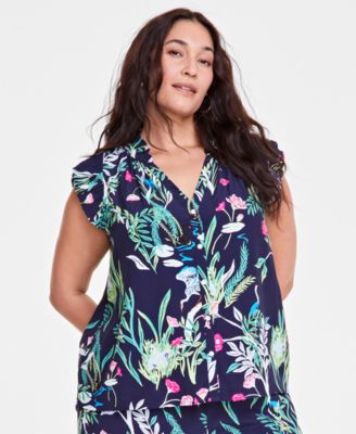 On 34th - Trendy Plus Size Flutter-Sleeve Printed Shirt