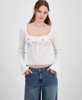 Planet Heart - Juniors' Floral Embroidered Square-Neck Sweater