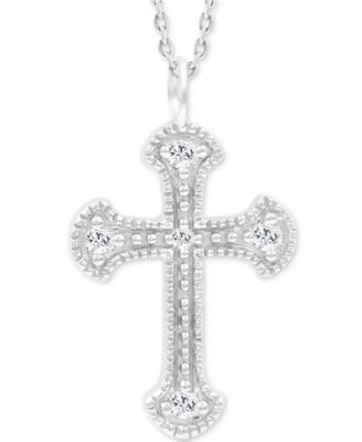 Macy's - Diamond Beaded Cross Pendant Necklace (1/20 ct. tw) in 14k White Gold, 16" + 2" extender